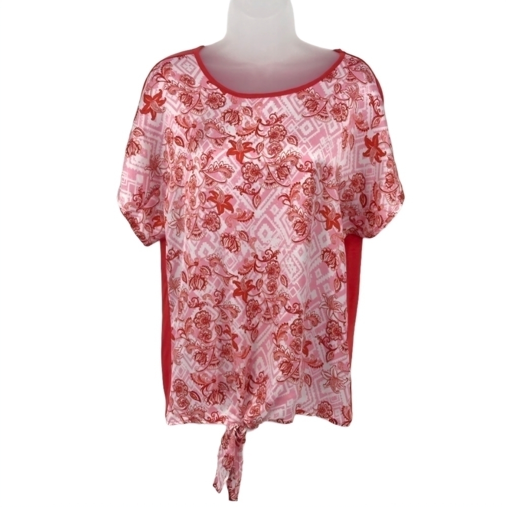 Dana Buchman Red and Pink Floral Top with Tie Waist Detail NWT Size M‎